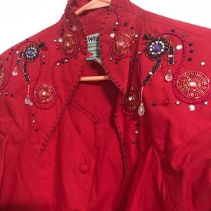 Vintage Women’s Wrangler Western Rodeo Shirt Beaded Christmas Red Bejeweled